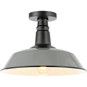 JONATHAN Y 14" Gray/Black 1-Light Industrial LED Semi Flush Mount Ceiling Light for Porch, Kitchen, Entryway, Modern Farmhouse Iron Fixture, White Metal Shade, LED Bulb Included (JYL7617D)