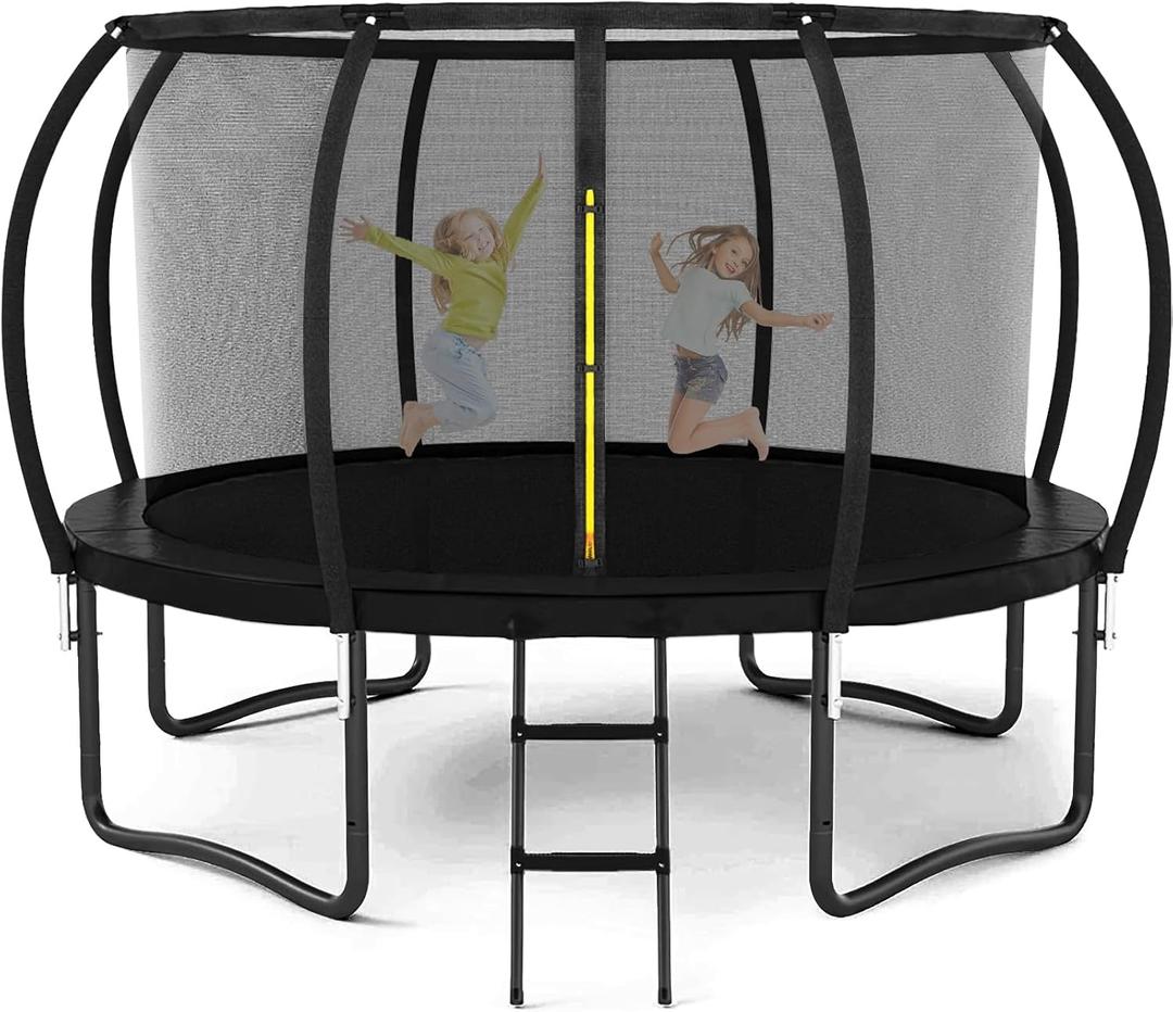 Outdoor Trampoline, Recreational Trampolines for Kids/Adults with Enclosure Net Basketball Hoop, Sprinkler, Curved Poles and Ladder, Anti-Rust Coating, ASTM Approval (12FT, Black)