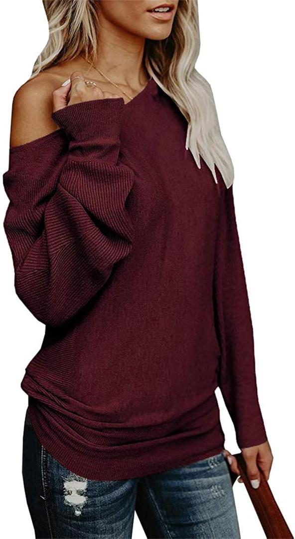 UMEKO Womens Off The Shoulder Sweater Oversized Knit Long Sleeve Sweaters Tunic Tops (Small, Burgundy)