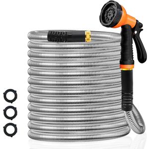25FT Water Hose, Heavy Duty Stainless Steel Garden Hose with 10 Function Nozzle, Lightweight Metal Hose, No Kink, Leak-proof, Puncture Resistant for Yard, Outdoor, RV