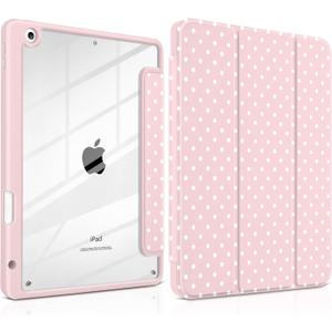 for iPad 9th 8th 7th Generation 10.2 Inch 2021 2020 2019 Case -[Built-in Pencil Holder], Shockproof Clear Hard Back, Slim Trifold Stand, Auto Wake/Sleep, for Girls teen Women, Pink white dot