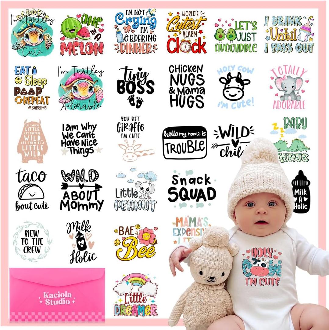 Kaciola Baby Shower Games Iron on Transfers, 30 Sheets DTF Transfers Ready to Press Baby Bodysuit Making Heat Transfer Stickers Iron on Decals for T Shirts Hoodie DIY Crafts (Cute)