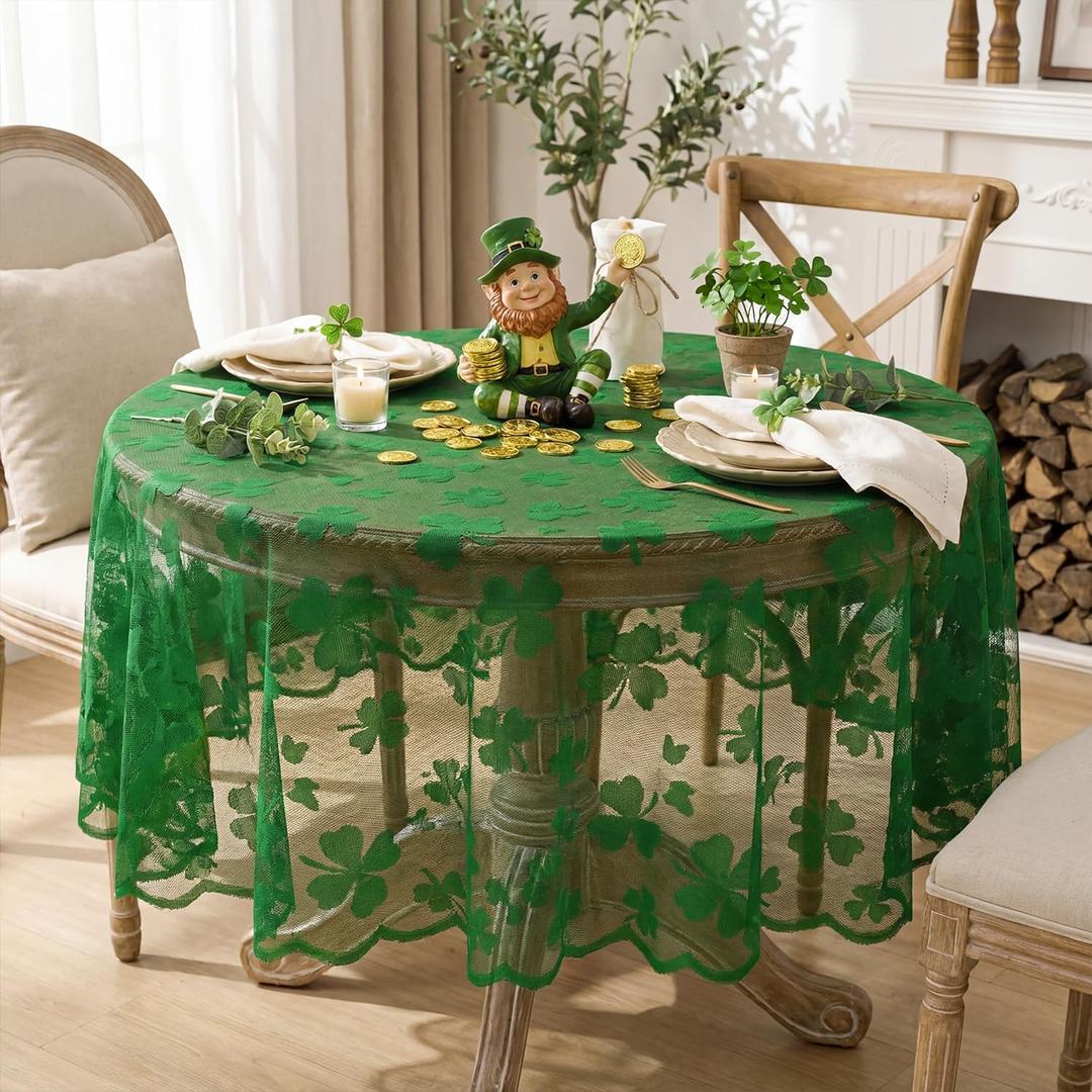 Horaldaily St. Patrick's Day Lace Tablecloth 6060 Inch Round, Embroidered Shamrock Table Cover, St. Patrick's Day Decorations for Home Party Outdoor (Green)
