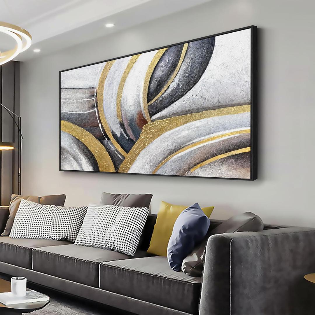 Abstract Wall Art Gold and White Framed Canvas Painting Artwork Modern Home Canvas Wall Decor Suitable for Living Room Bedroom Restaurant Office 29"X58"