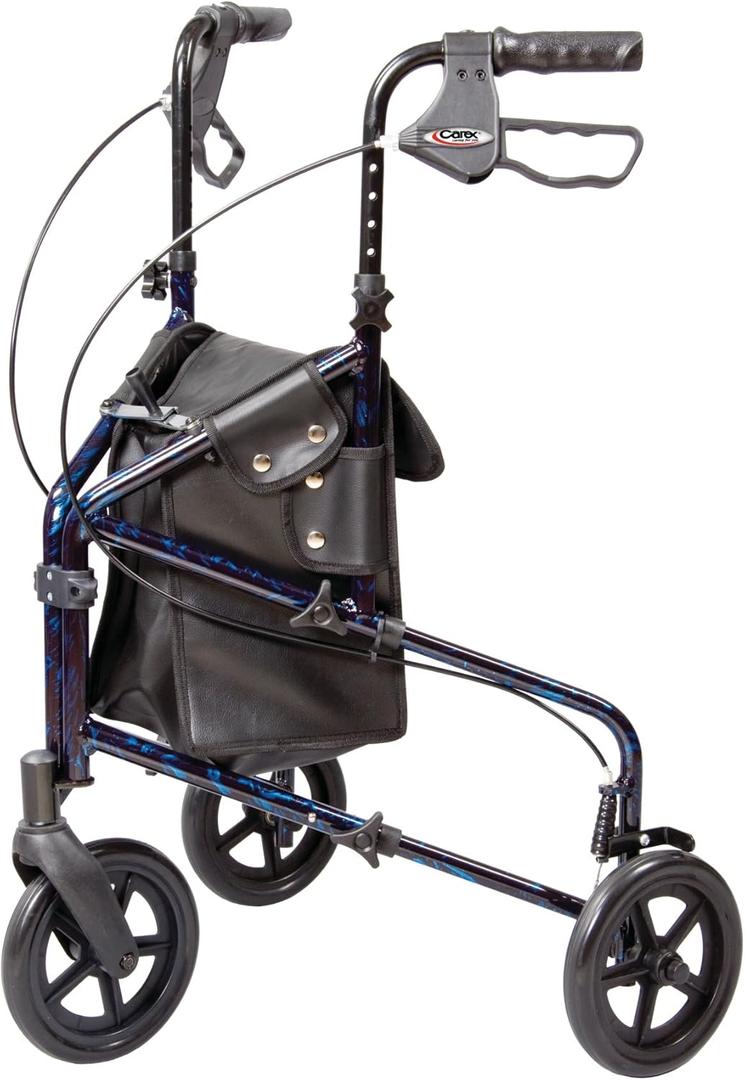 Carex 3 Wheel Walker for Seniors, Foldable, Rollator Walker with Three Wheels, Three Wheel Rolling Walker Height Adjustable for Seniors, Blue, Trio, Folding