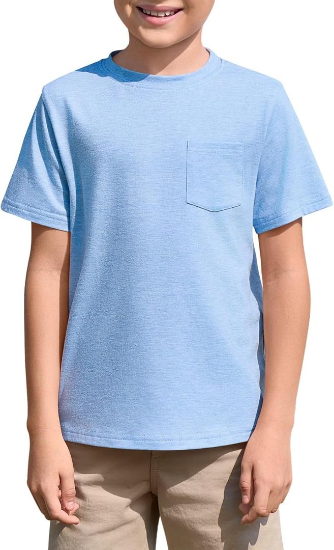 Haloumoning Boys T Shirts Kids Short Sleeve Pocket Shirt Crewneck Summer Basic Tee Tops 5-14 Years (9-10 Years, Blue)