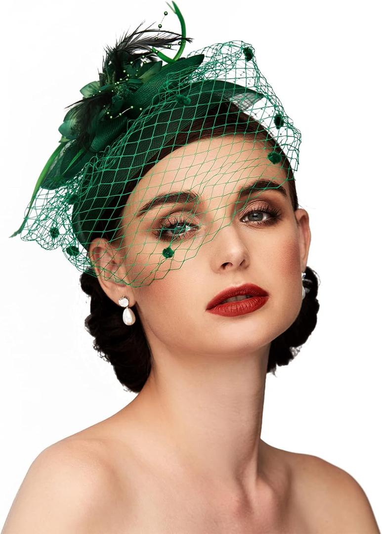TS Fascinators Hat Tea Party Hat Mesh Floral Feather Hair Clip Women Fascinator Headband with Veil for Wedding Cocktail (One Size, Green)