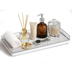 Bathroom Vanity Tray for Countertop, 12" x 6" Oak Wood Toilet Tank Tray with Metal Guardrail, Bathroom Organizer for Soap, Perfume & Skincare, Non-Slip Decorative Tray for Dresser, Sliver & White