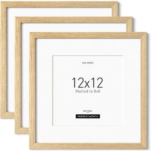 Momentworth 12x12 Frame with Mat for 8x8 set of 3, Solid Oak Wood 12x12 Picture Frame with Tempered Glass for Horizontal & Vertical Wall Mounting(3 Pack,Oak)