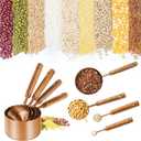 Copper Stainless Steel Measuring Cups and Spoons Set,8 Piece Measuring Cup Set with Wooden Handle and Metric and US Measurements，Copper Polished Finish，for Cooking and Baking in The Kitchen