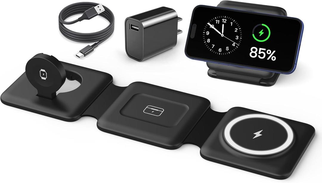 Magnetic Wireless Charger for iPhone: Fodable 3 in 1 Charging Station for Multiple Apple Devices - Travel Charging Pad Dock for Apple Watch iPhone 17 16 15 14 13 12 Pro Max Plus & Airpod (Dark Black)