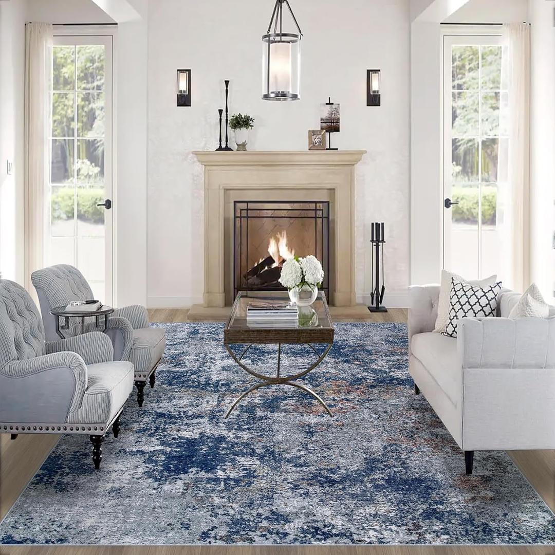 8x10 Area Rugs for Living Room: Large Machine Washable Area Rug with Non Slip Backing Non Shedding Abstract Stain Resistant Carpet for Bedroom Dining Room Nursery Home Office - Blue (8' x 10')