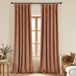 Cinnamon Pleated Blackout Velvet Curtains 96 Inch Long 2 Panel Set, Earthy Luxury Boutique Hotel Style Window Curtains, Floor to Ceiling with Hooks Darkening Black Out Drapes for Living Room Bedroom