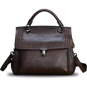 Genuine Leather Satchel Purse for Women Retro Handmade Top Handle Handbag Rivet Style Crossbody Bag