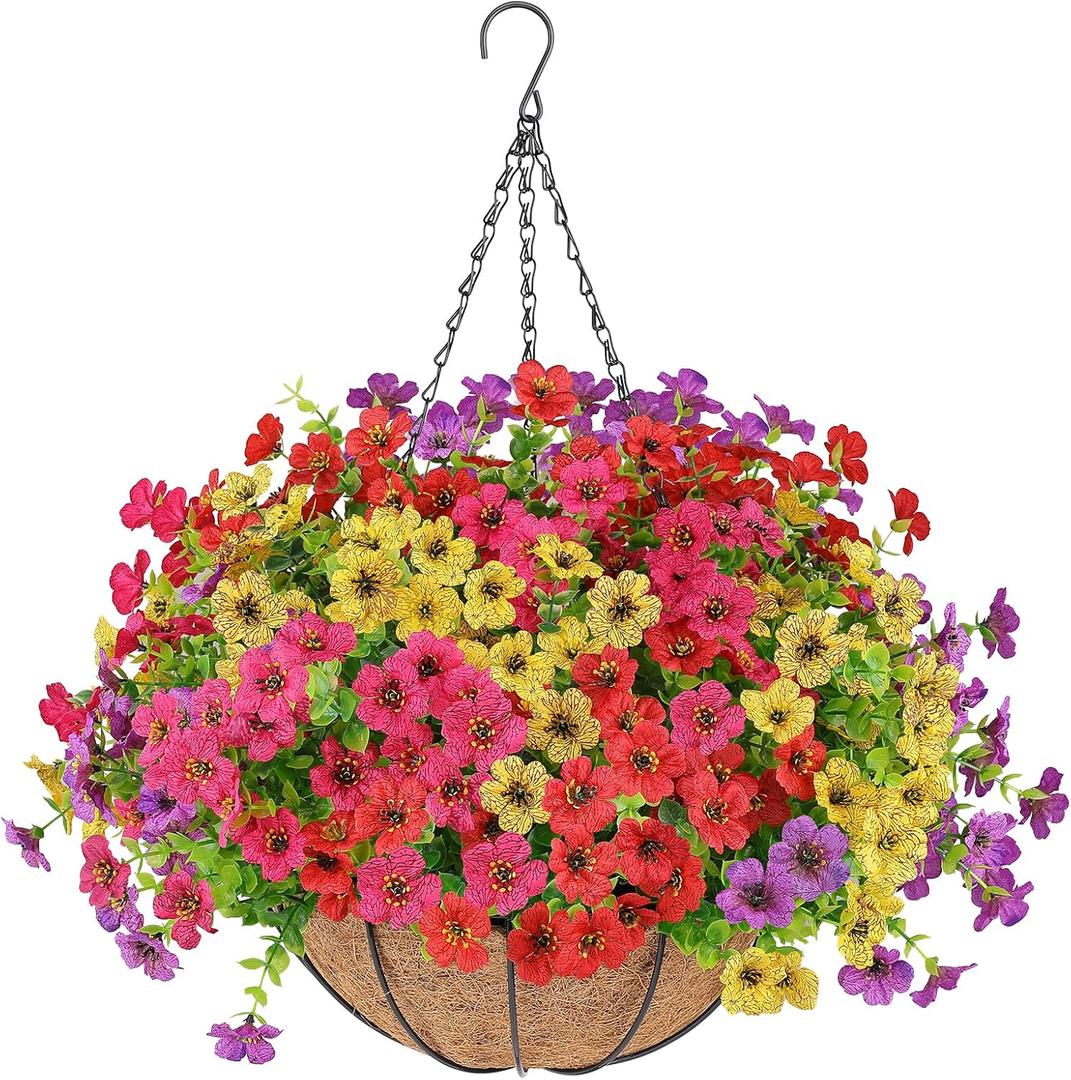 Artificial Flowers Hanging Plants in Basket,Artificial Hanging Flowers for Outdoor Indoor Decor,UV Resistant Hanging Baskets with Fake Flowers for Patio Garden Porch Deck Decoration (1PCS, Multi Color)