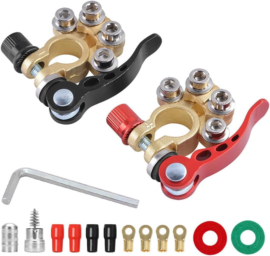 Car Battery Terminal Connectors, 2 Pcs 4 Way Quick Release Disconnect Car Battery Terminal for SAE/JIS Type A Posts, Compatible With Cars, Vans, Trucks and More (Black/Red-1)