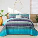 WONGS BEDDING Boho Quilt Full Size, Purple Blue Bohemian Lightweight Microfiber Bed Decor Bedspread for All Season 90"x78"(3 Pieces)