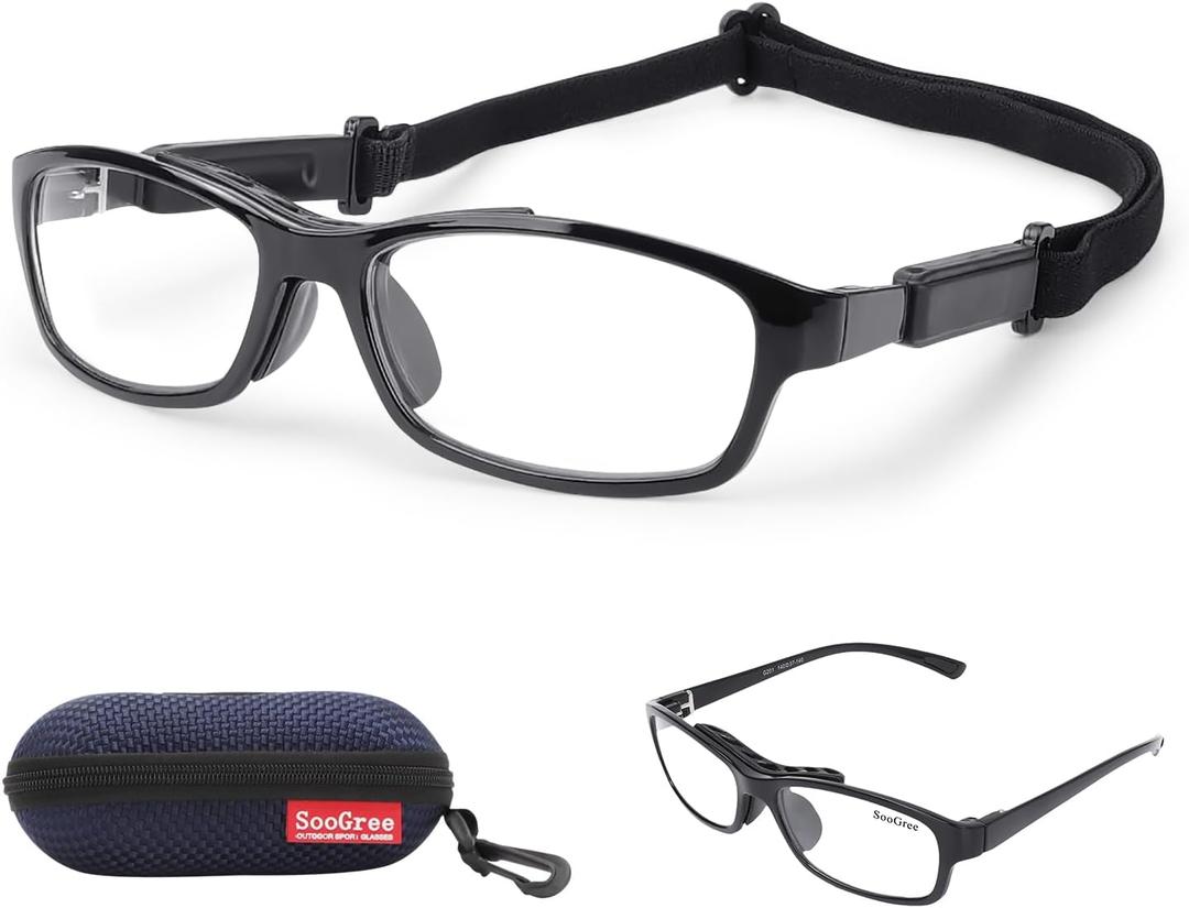 Sports Goggles Glasses Football Soccer Safety Glasses Goggles Adjustable Strap Interchangeable Temples for Men Youth (Black Frame Black Nose Pad)