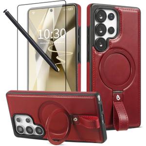 for Samsung Galaxy S25 Ultra Case with Stand, Anti-Slip Shockproof Loop, Compatible with MagSafe, Magnetic Protective Leather Case with Camera Lens and Screen Protector, Burgundy