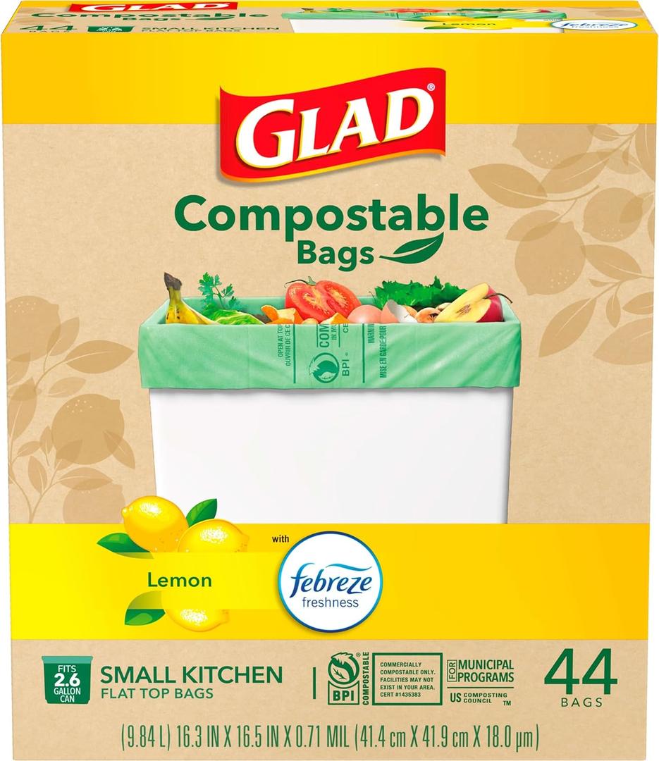 Glad Trash Bags, Kitchen Compost Bags 2.6 Gallon Garbage Bags, 100% Compostable Bag, Febreze Lemon, 44 Count Light Yellow