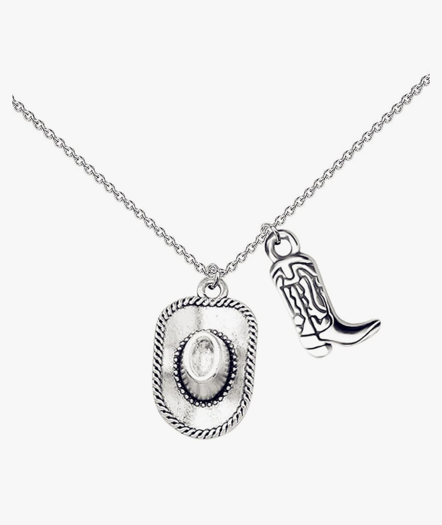 Cowgirl Cowboy Boot Hat Pendant Necklace Silver Plated Boho Personalized Texas Boots Adjustable Chain Necklace for Cool Men Western Style Country Women Birthday Party Fashion Jewelry Gifts