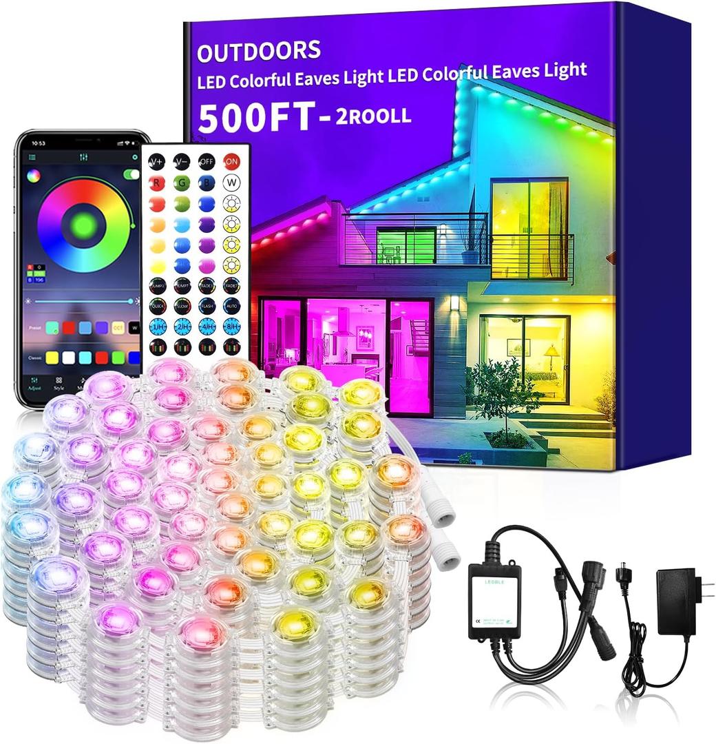 500ft permanent outdoor light, RGB outdoor eave lights with APP & Remote Control,Music synchronisation IP67 waterproof LED eave light,suitable for party, daily,Halloween,Christmas,rooftop,garden,patio