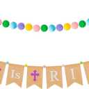 JAPBOR 2PCS Easter HE is Risen Burlap Banner Pom Pom Garlands, Colorful Felt Ball & Religious Bunting Hanging Decorations with Crosses Pattern, Easter Party Favor Supplies for Home Office School Decor (White,purple)