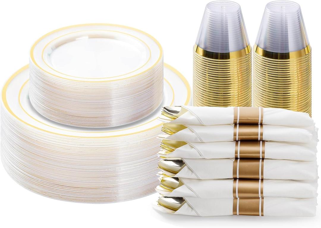 BESTVIP 175PCS Clear Gold Plastic Dinnerware Set, Disposable Party Plates for 25 Guests, Include: 50 Plastic Plates, 25 Pre Rolled Napkins with Silverware, 25 Cups for Christmas, Halloween