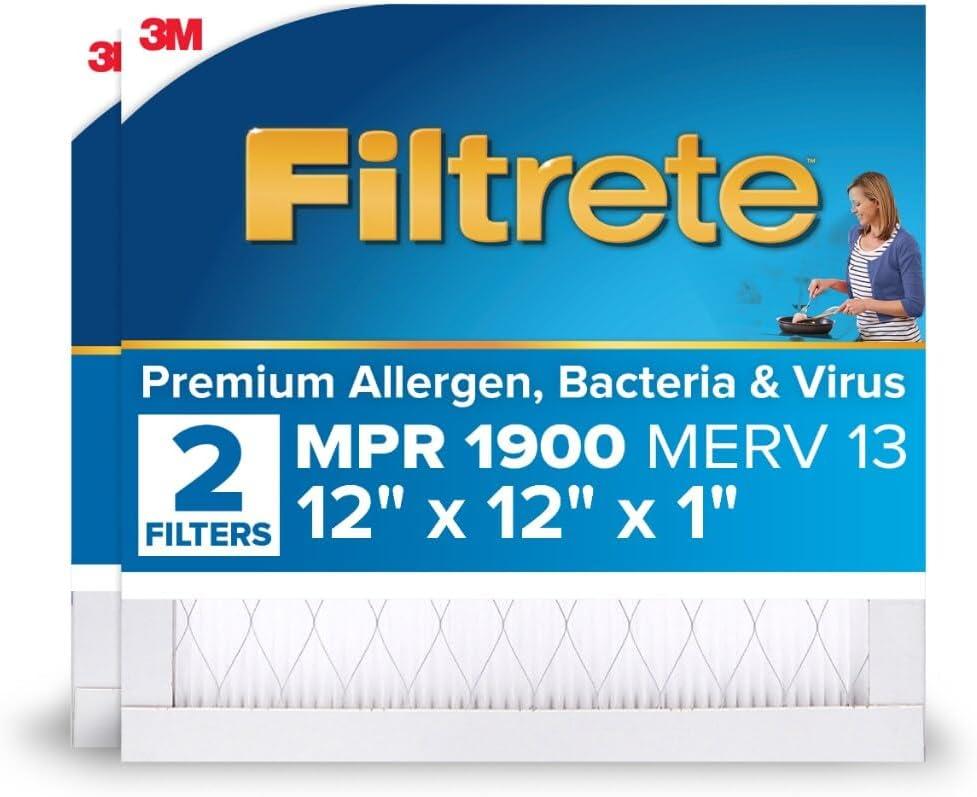 Filtrete 12x12x1 AC Furnace Air Filter, MERV 13, MPR 1900, Premium Allergen, Bacteria & Virus Filter, 3-Month Pleated 1-Inch Electrostatic Air Cleaning Filter, 2-Pack (Actual Size 11.81x11.81x0.78 in)