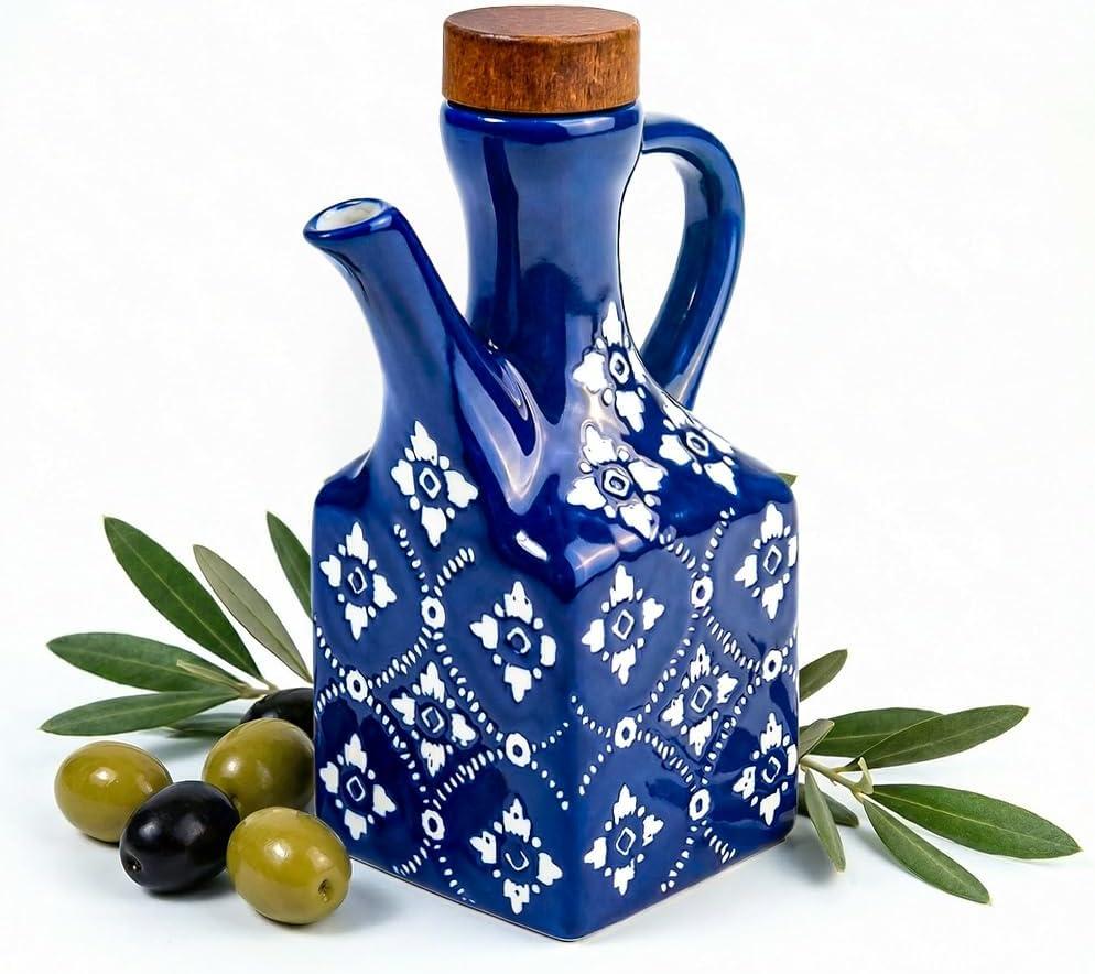 Blue Ceramic Olive Oil Dispenser Bottle for Kitchen, 8.5 oz Cruet for Avocado Oil with Handle & Wooden Stopper, Small Decorative Oil and Vinegar Dispenser Set, Oil Container Cruet for Olive