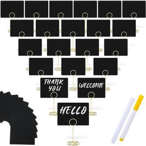 TecUnite 24 Pack Mini Chalkboard Signs, 4"x3" Small Table Place Cards with Metal Stand and 2 Marker Pens Food Labels for Party Buffet, Tabletop Blackboard Signs Name Tags for Wedding Bakery(Gold)
