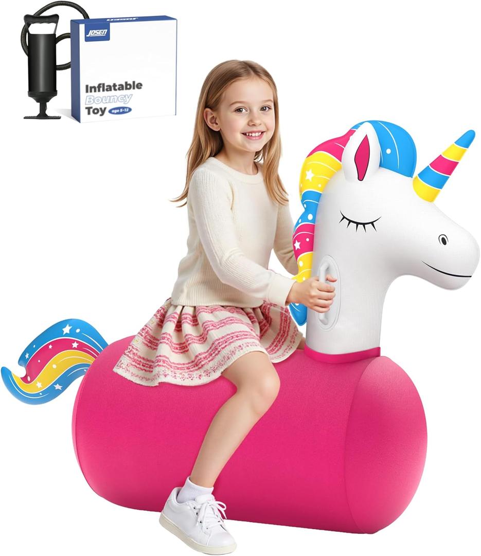 JOSEN Bouncy Hopper Giant Unicorn Ride On Toys, Inflatable Bouncing Animal Hopper with Hand Pump, Jumping Hopping Toys Up to 250lbs, Indoor Outdoor Bouncers for Teen Kids Girls Boys Ages 5+ (1 Pack)