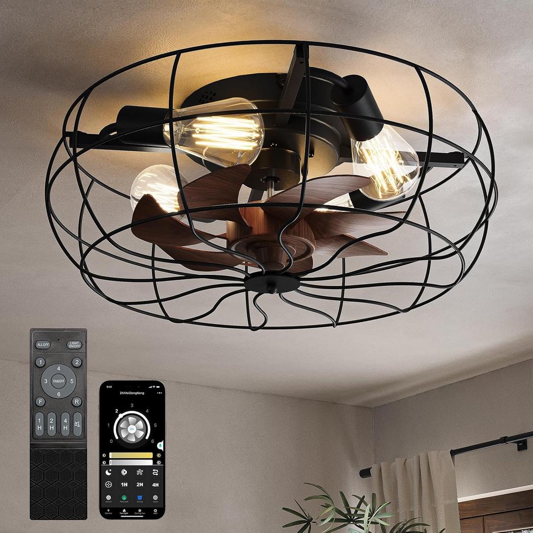 CubiCubi Modern Ceiling Fans, 20 Inch Black Ceiling Fan with Lights and Remote Control, APP, Fandelier with 6 Wind Speeds, Low Profile Ceiling Fans with Lights for Bedroom, Office