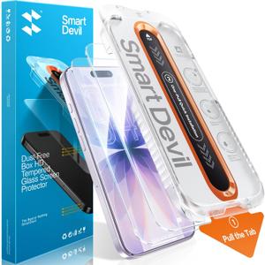 SMARTDEVIL 2 Pack Screen Protector for iPhone 17, 9H Hardness Military Grade Shatterproof HD Clear Tempered Glass, Easy to Install, Auto Bubble-Free and Dust-Free Box, Case Friendly