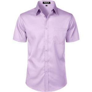 JEMITOP Men's Stretch Slim Fit Dress Shirts Formal Wedding Prom Short Sleeve Button Down Shirt with Pocket (Purple, L)