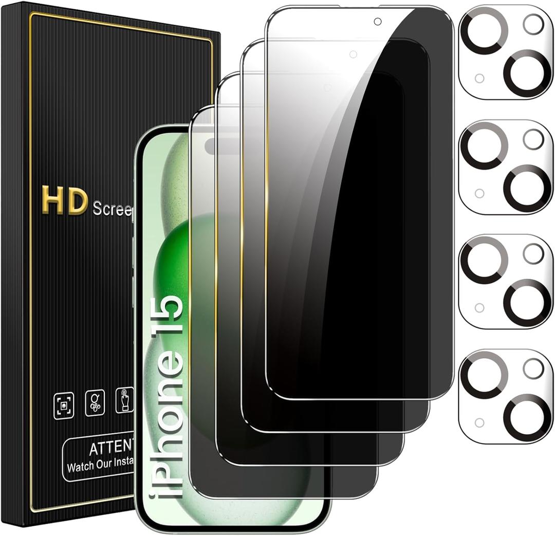 4 Pack Privacy Screen Protector for iPhone 15 6.1 Inch with 4 Pack Camera Lens Protector, Anti Spy Tempered Glass Film, Anti-Scratch, Touch Sensitive, Case Friendly