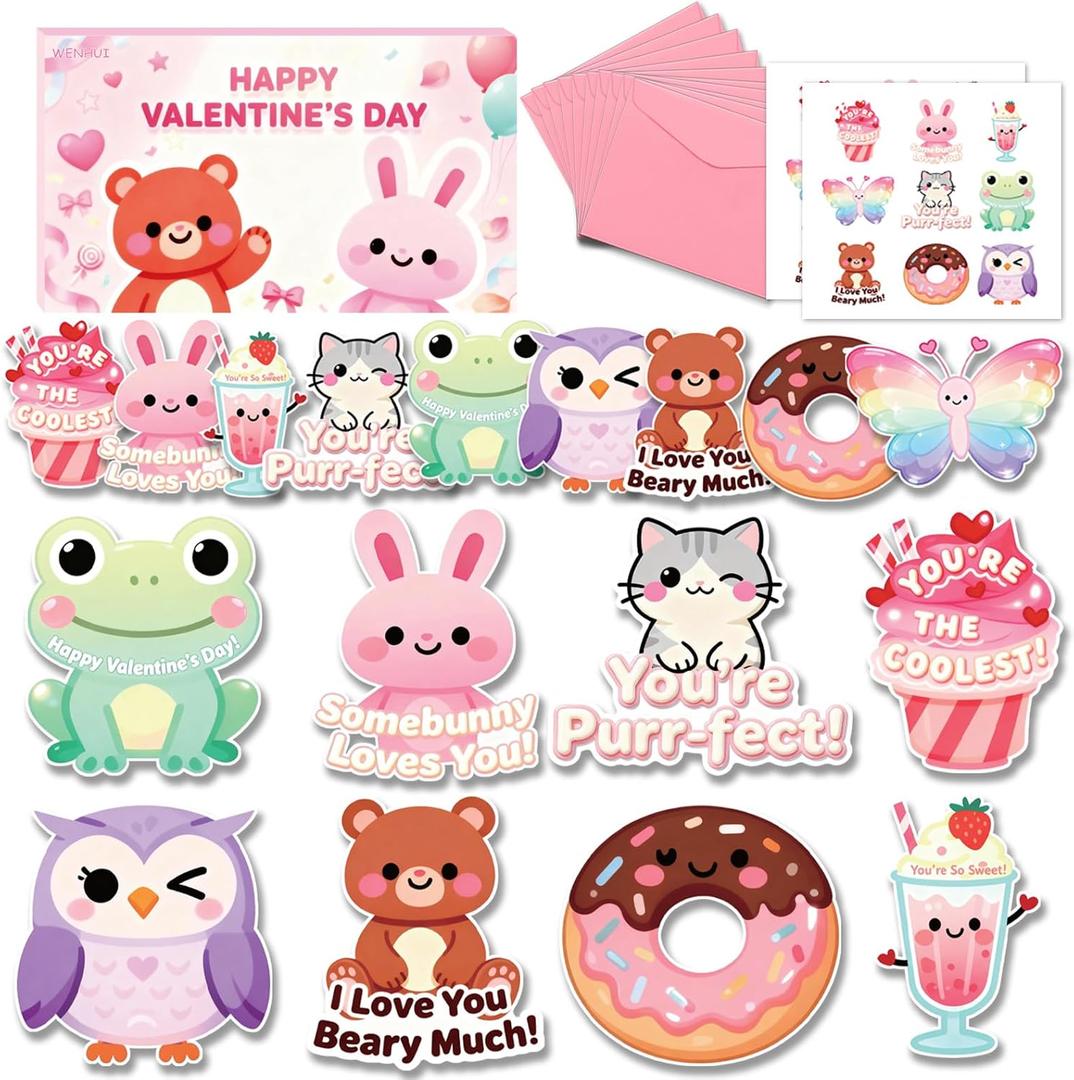 2 x 36 Pack Valentines Day Cards for Kids School  Adorable Die-Cut Animal & Food Classroom Valentines with Pink Envelopes & Stickers, 9 Cute Designs for Boys, Girls & Teachers