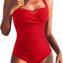 Aqua Eve One Piece Bathing Suit for Women Tummy Control Swimsuit Slimming Vintage Swimwear (XXL, Halter Red)