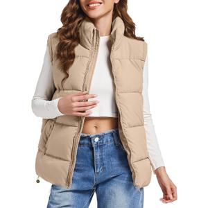 Polu Puffer Vest Women Zip Up Stand Collar Sleeveless Puffer Vests Oversized Padded Gilet Jacket (Medium, Khaki)