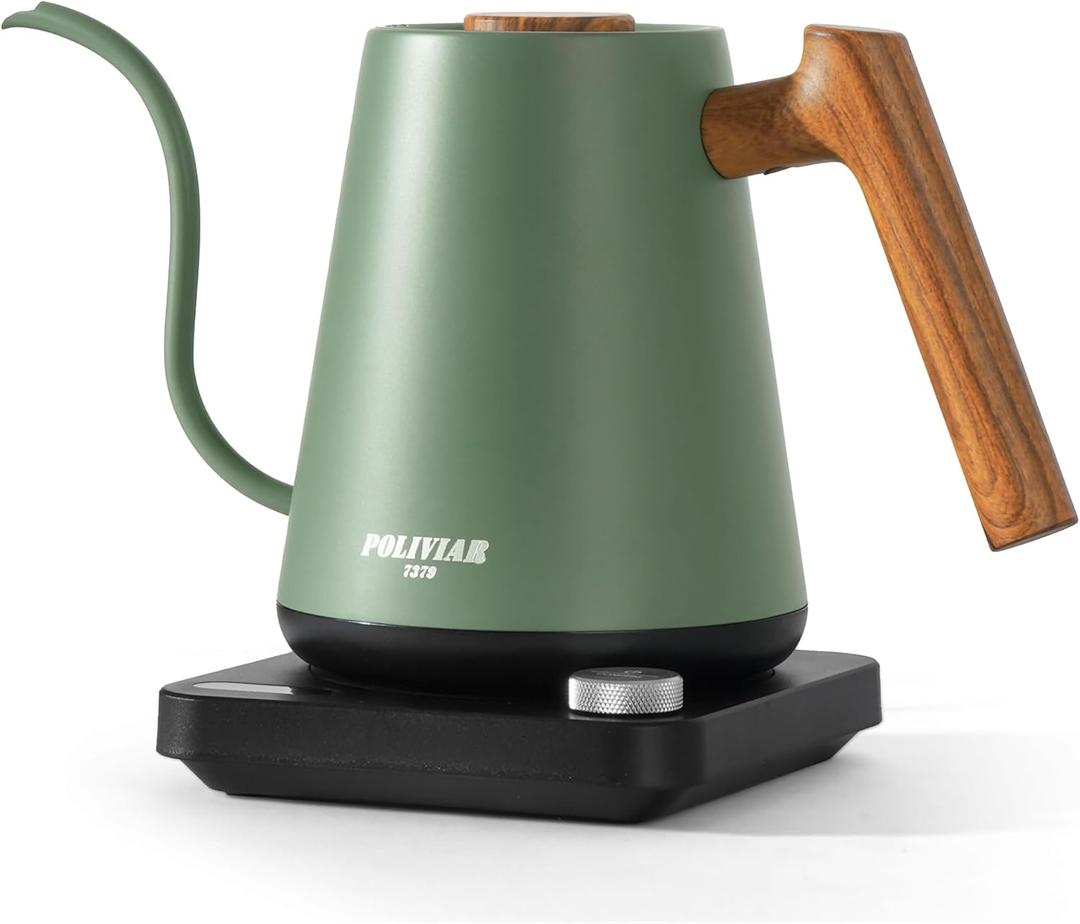 POLIVIAR Electric Gooseneck Kettle, 1350W Electric Tea Kettle Wood Pattern Handle, 34oz Pour Over Electric Kettle for Coffee & Tea, 18/8 Stainless Steel Inner, Temperature Control & Rapid Heating (Green)