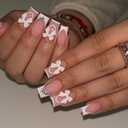 24Pcs White Bow Press on Nails Medium Square Fake Nails with French Tip Design Silver Charms False Nails Nude Full Cover Artificial Glue on Nails Reusable Stick on Nails Cute Nail Supplies for Women