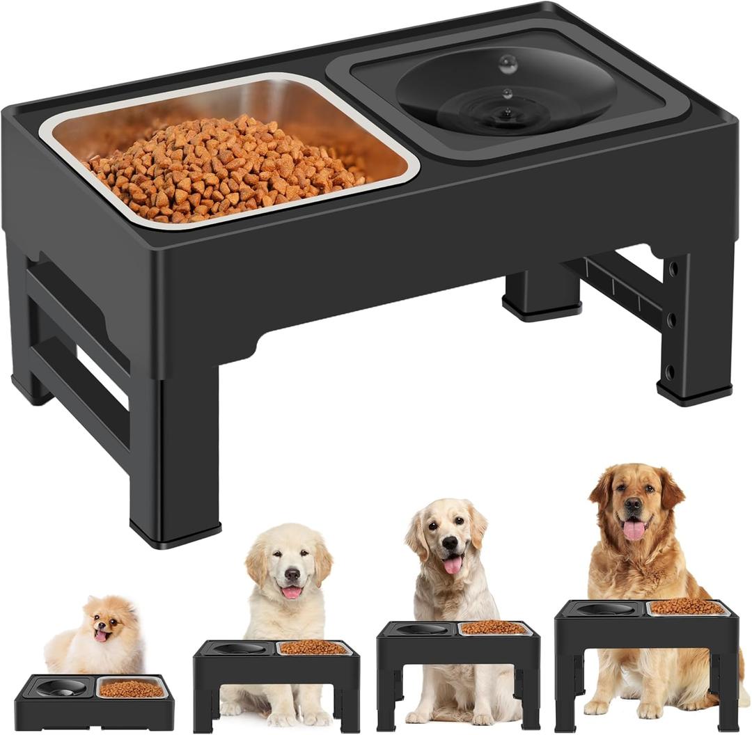 2-in-1 Elevated Dog Bowls, Raised Pet Bowl with Stainless Steel Food Bowl and Spill Proof Water Bowl, 4 Adjustable Heights, Non-Slip Stand, for Small, Medium, Large Dogs and Pets, Black