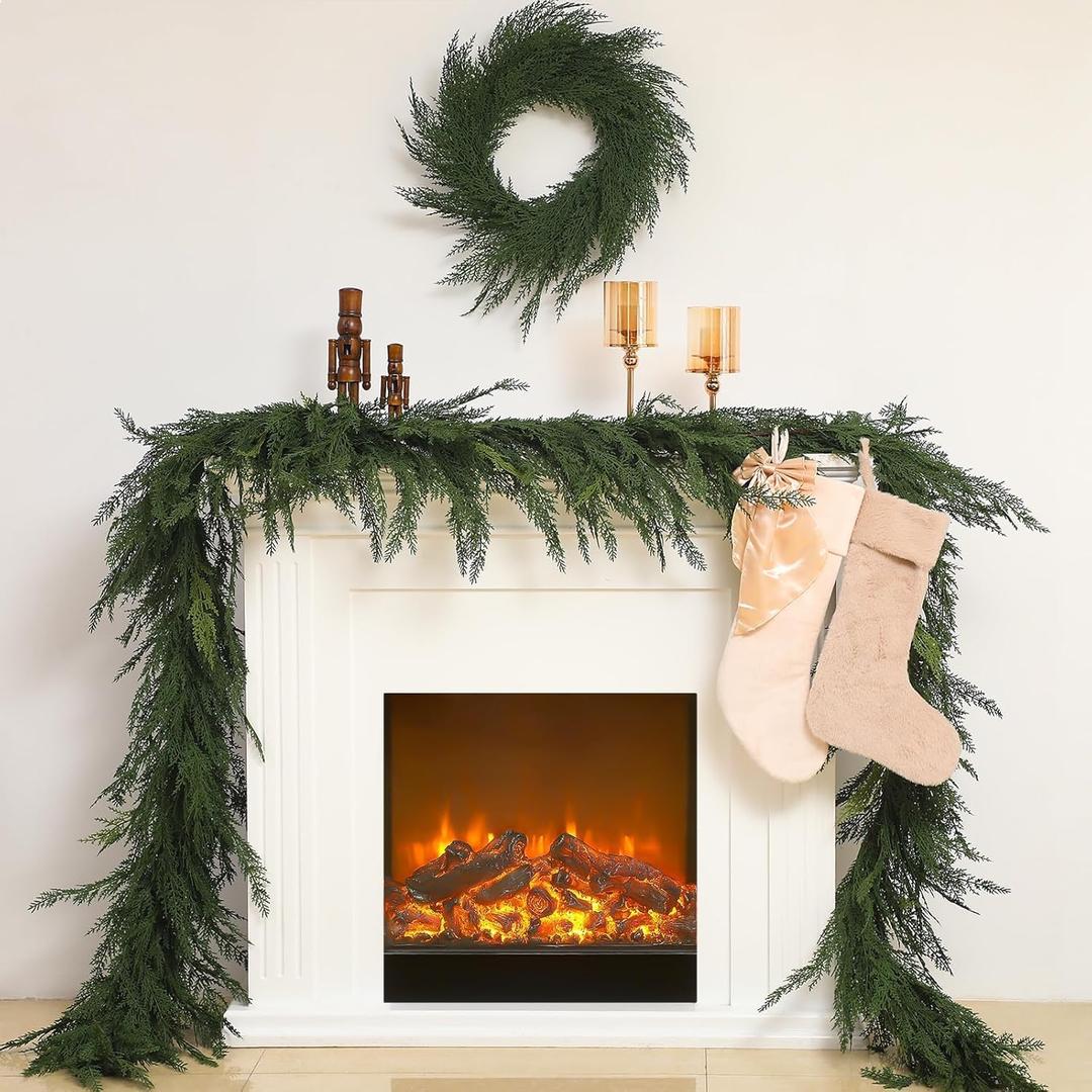 Jutom 1 PCS 6 ft Christmas Cedar Garland - Green Artificial Realistic Cedar Garland Faux Decoration for Table, Mantel, Wall Winter Holiday Party