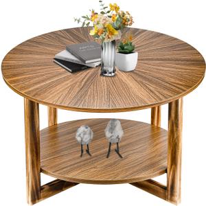 Coffee Tables for Living Room, Small Round Coffee Table with Storage, Mid Century Modern Solid Wood Coffee Table, Rustic Wooden Circle Center Table Living Room Furniture, Brown Tea Table