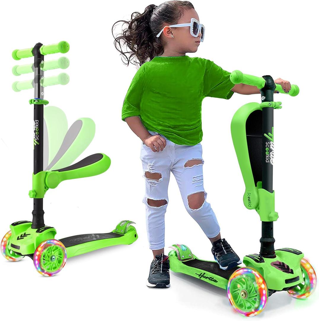 Hurtle 3-Wheeled Scooter for Kids - Wheel LED Lights, Adjustable Lean-to-Steer Handlebar, and Foldable Seat - Sit or Stand Ride with Brake for Boys and Girls Ages 1-14 Years Old (Green)