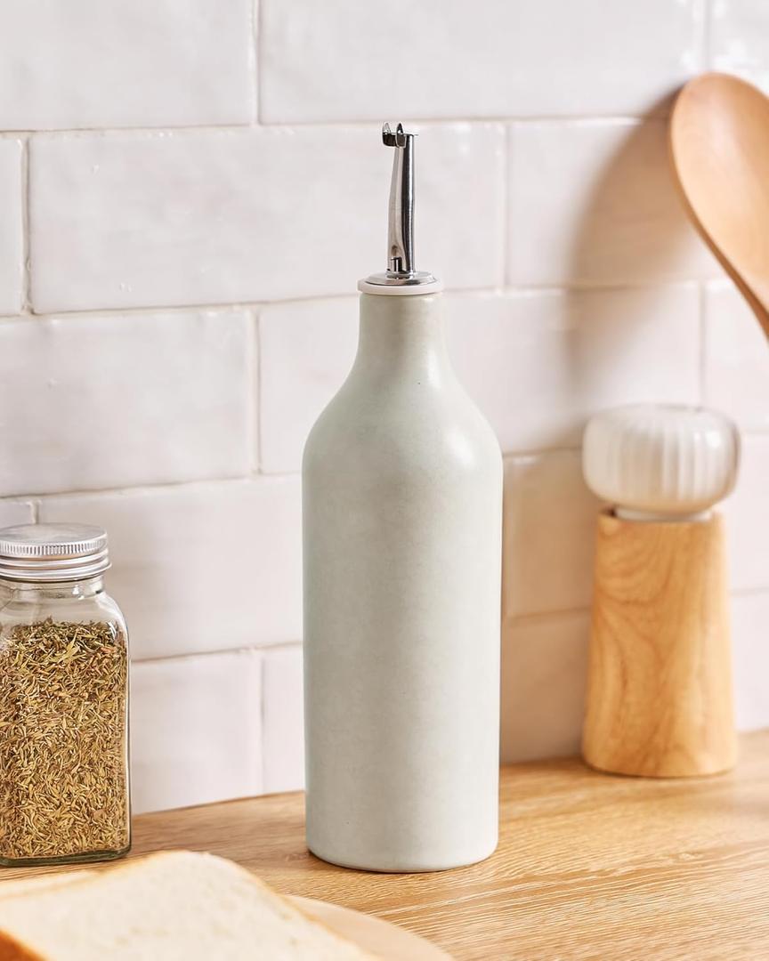 famiware Milkyway 16oz Ceramic Olive Oil Dispenser Bottle, 1 Piece Oil Dispenser for Kitchen with Stainless Steel Pourers, Suitable for Storage Vinegar, Soy Sauce, Coffee Syrup, Matte Beige White