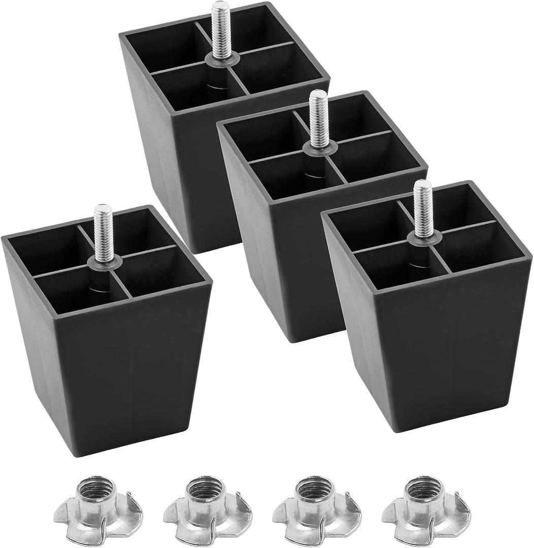 M8-1.25 Metric Thread Bolts Plastic Furniture Legs 3 Inch Black Square Sofa Feet with T-Nuts - Couch Feet Replacement - Couch Legs Set of 4