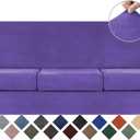WEERRW 4 Pieces Velvet High Stretch Couch Covers for 3 Cushion Couch Sofa Slipcovers, Washable Furniture Protector with Non Slip Elastic Bottom, Feature Soft and Thick Plush Fabric, Purple, Large