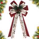 Christmas Pine Cone Bows - Large 20 x 11 Inches Red Black Buffalo Plaid Bow for Home, Front Door, Xmas Tree Topper, DIY Craft, Winter Holiday Decorations