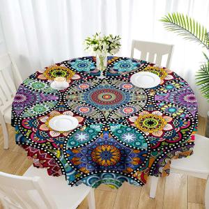 Eikione Boho Round Tablecloth 70 Inch Bohemia Table Cloth, Tablecloth Polyester Waterproof Stain Wrinkle Free, Indoor and Outdoor Round Table Cover
